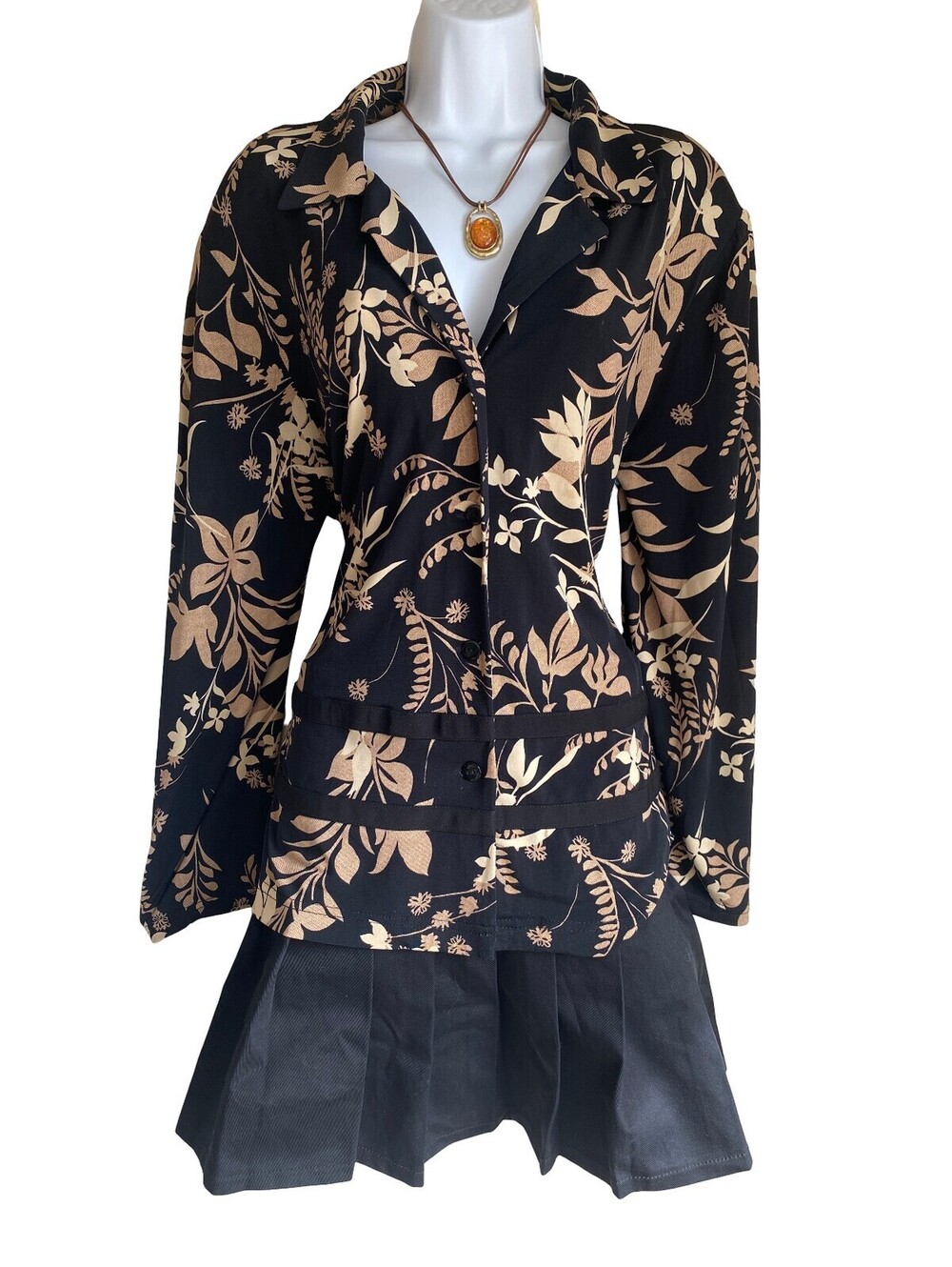 Vintage Dressbarn Plus 2X Black Tan Floral Button Up Open Back Blouse Whimsigoth